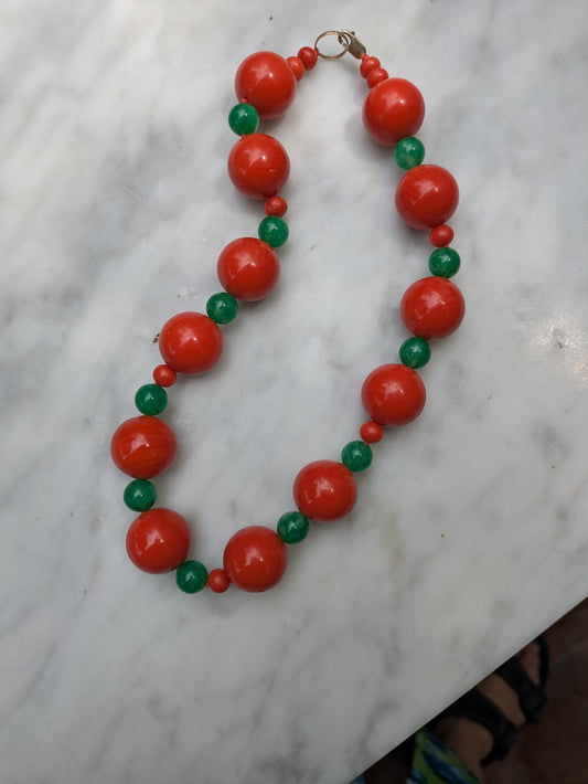 Antique Coral and Jade Necklace with Antique Baby Ring