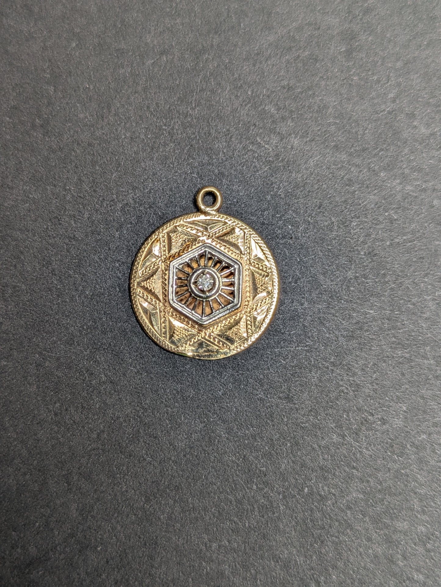 14kt Engraved Disk Charm with added Stick Pin Hexagon and Diamond