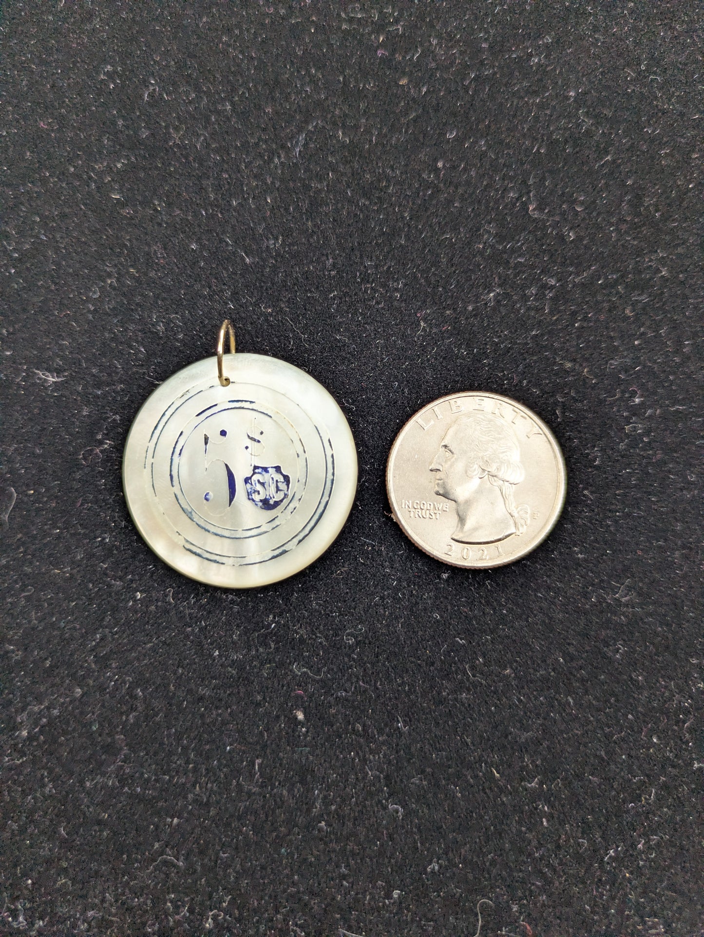 Round White Mother of Pearl Poker Chip with Navy Engraving "$5 SC"