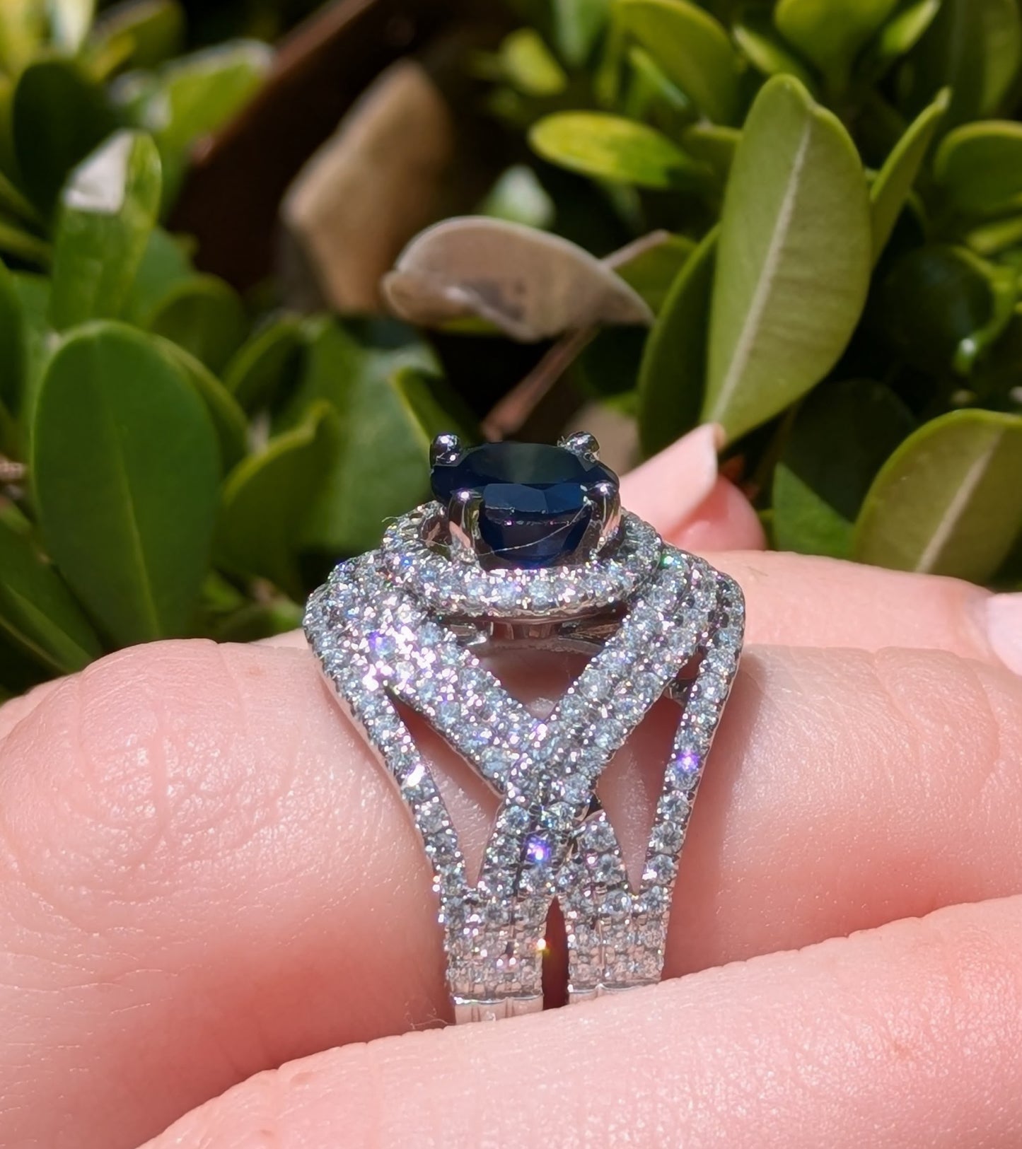 14kt White Gold Pave Diamond and 2ct Sapphire Ring