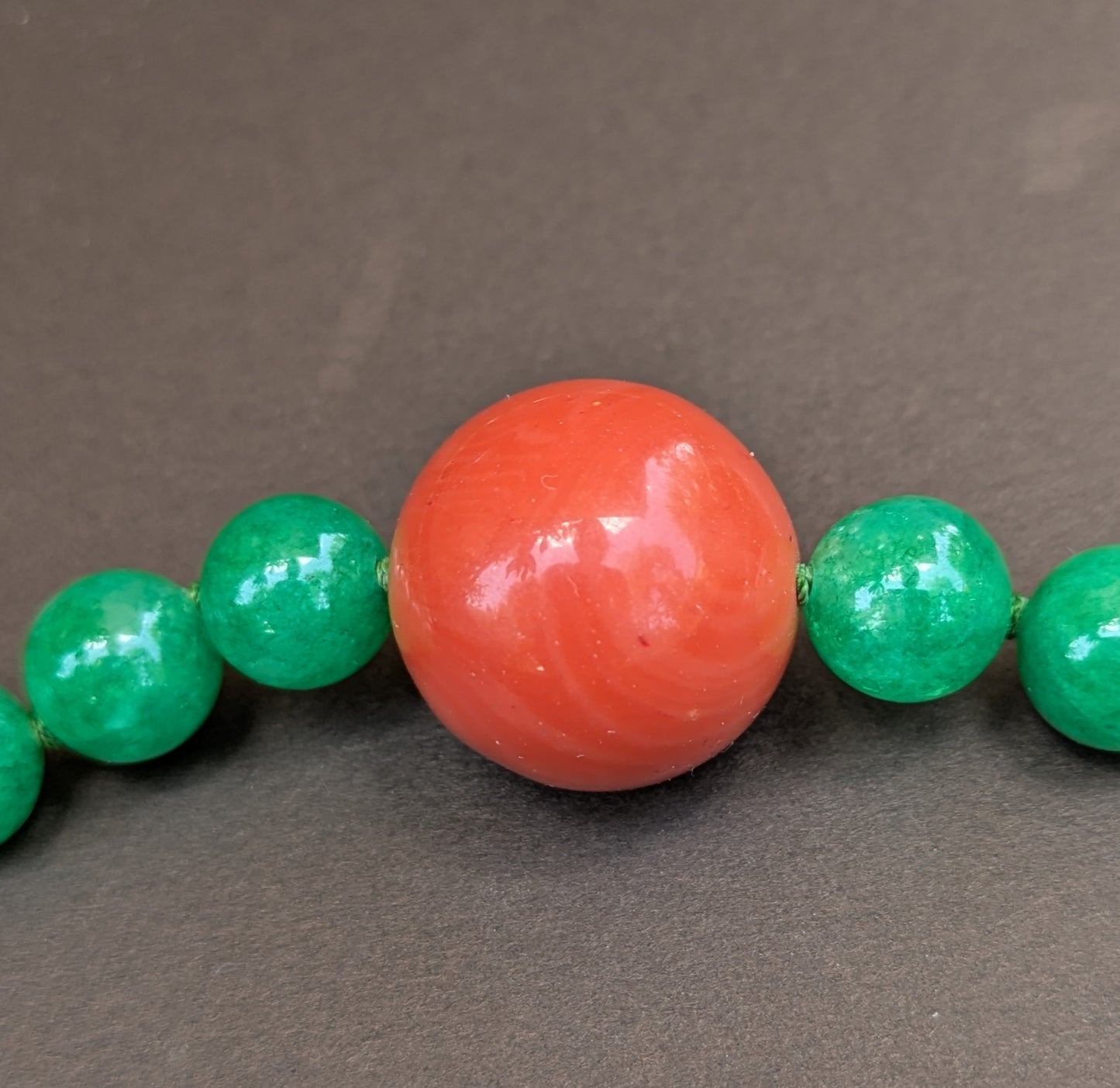 Apple Jade with Large Coral Center with 14kt Clasp & Baby Ring Closure