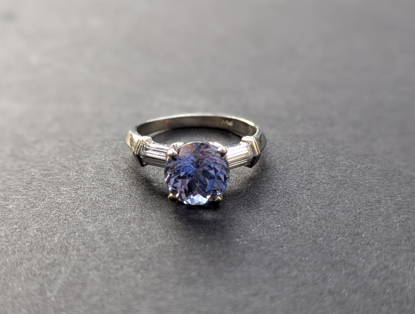 Platinum and Lavender Sapphire Ring with Side Diamond Baguettes