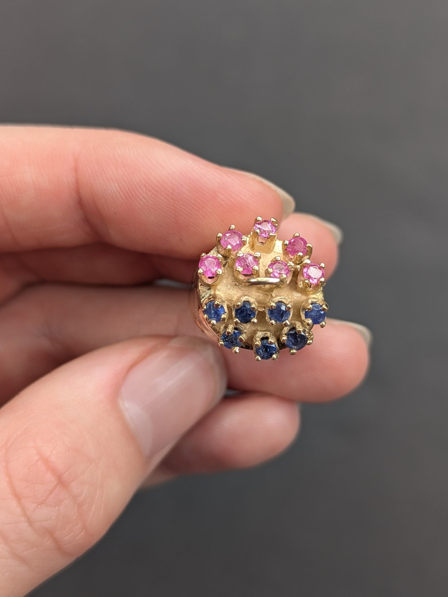 Heavy 14k Drama Masks Pendant with Sapphire and Ruby