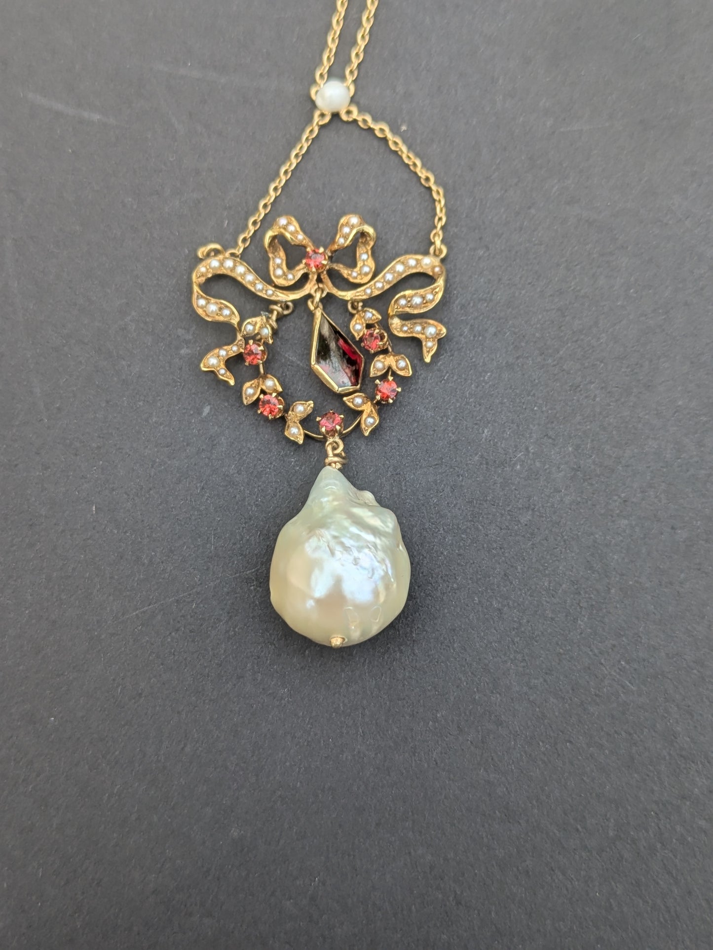 14k Victorian Pearl and Garnet Drop Necklace