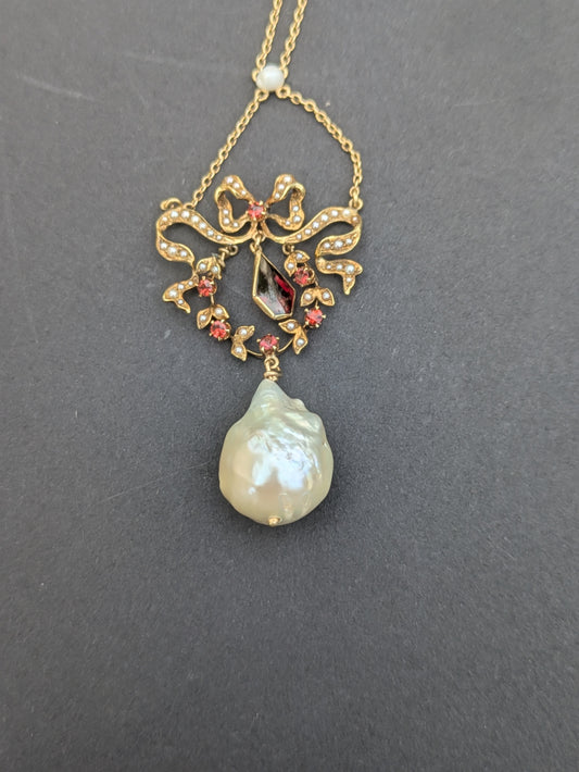 14k Victorian Pearl and Garnet Drop Necklace