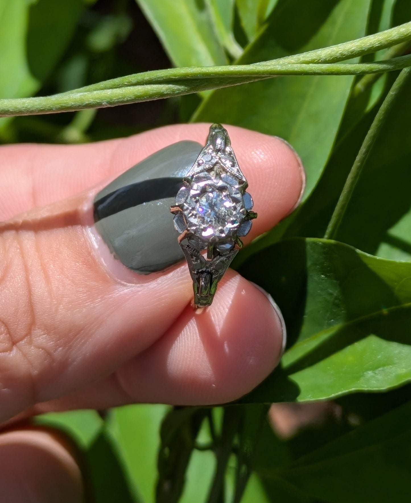 18k Gold and Platinum European Cut Diamond Ring