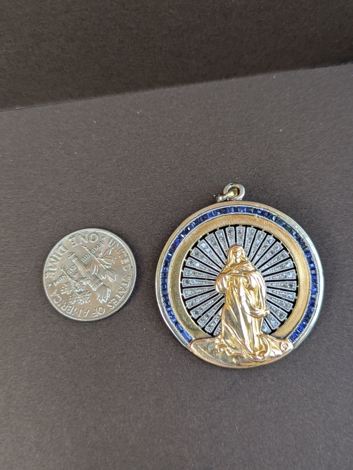 French 18kt & Platinum Art Deco Virgin Mary Surrounded by Single Cut Diamonds & French Cut Sapphires