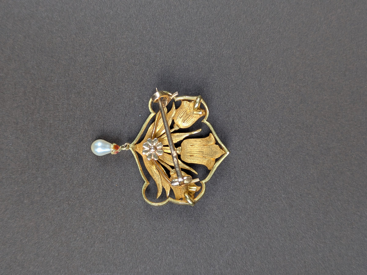 French Art Nouveau 18kt Floral and Pearl Brooch and Pendant