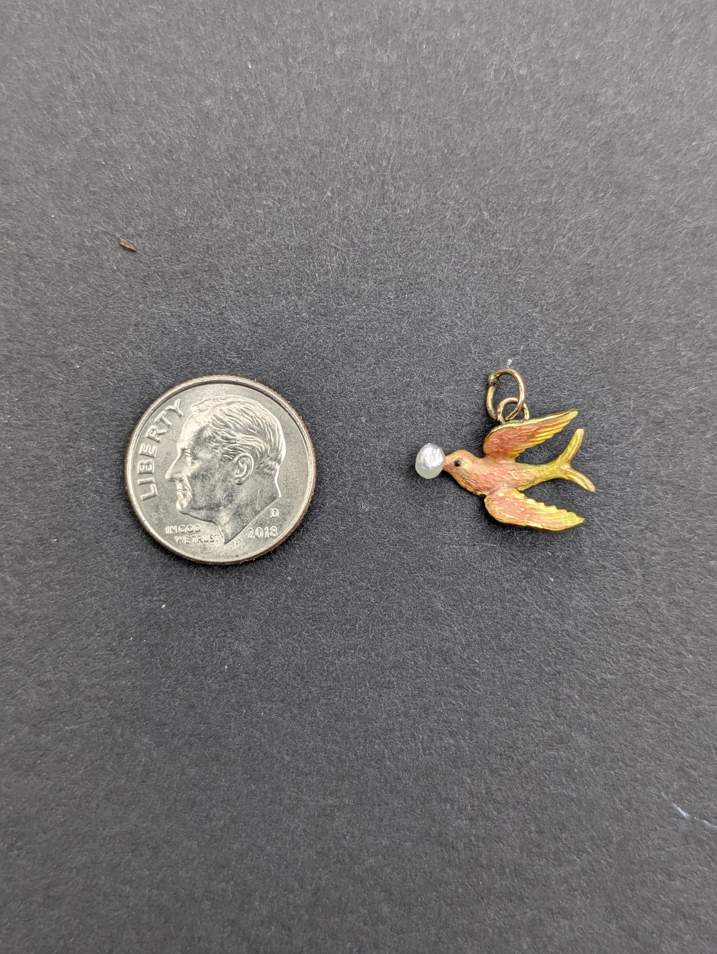 14k Art Nouveau Pink Enamel Swallow Charm with Pearl