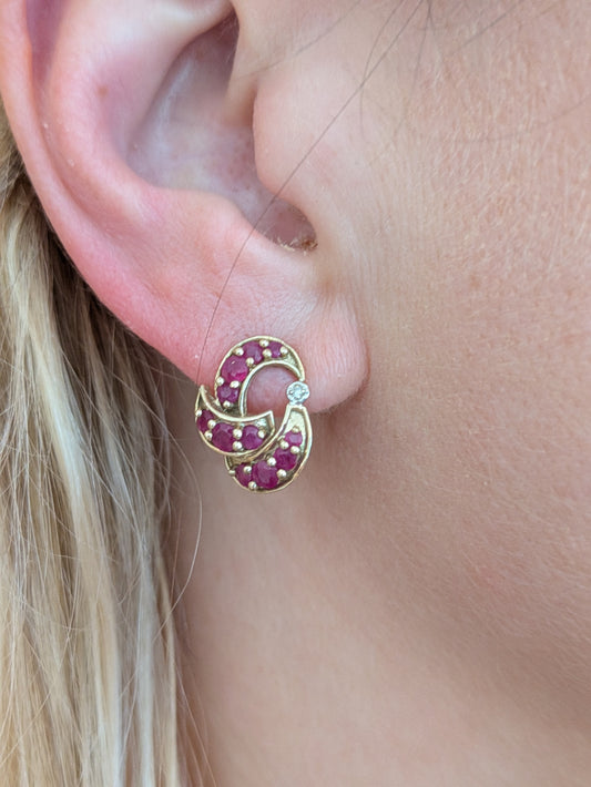 14kt 1950's Ruby and Diamond Swirl Earrings