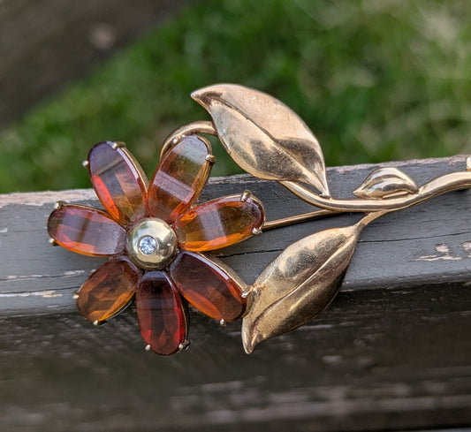 1940's 14k Flower Brooch with Citrine and Diamond