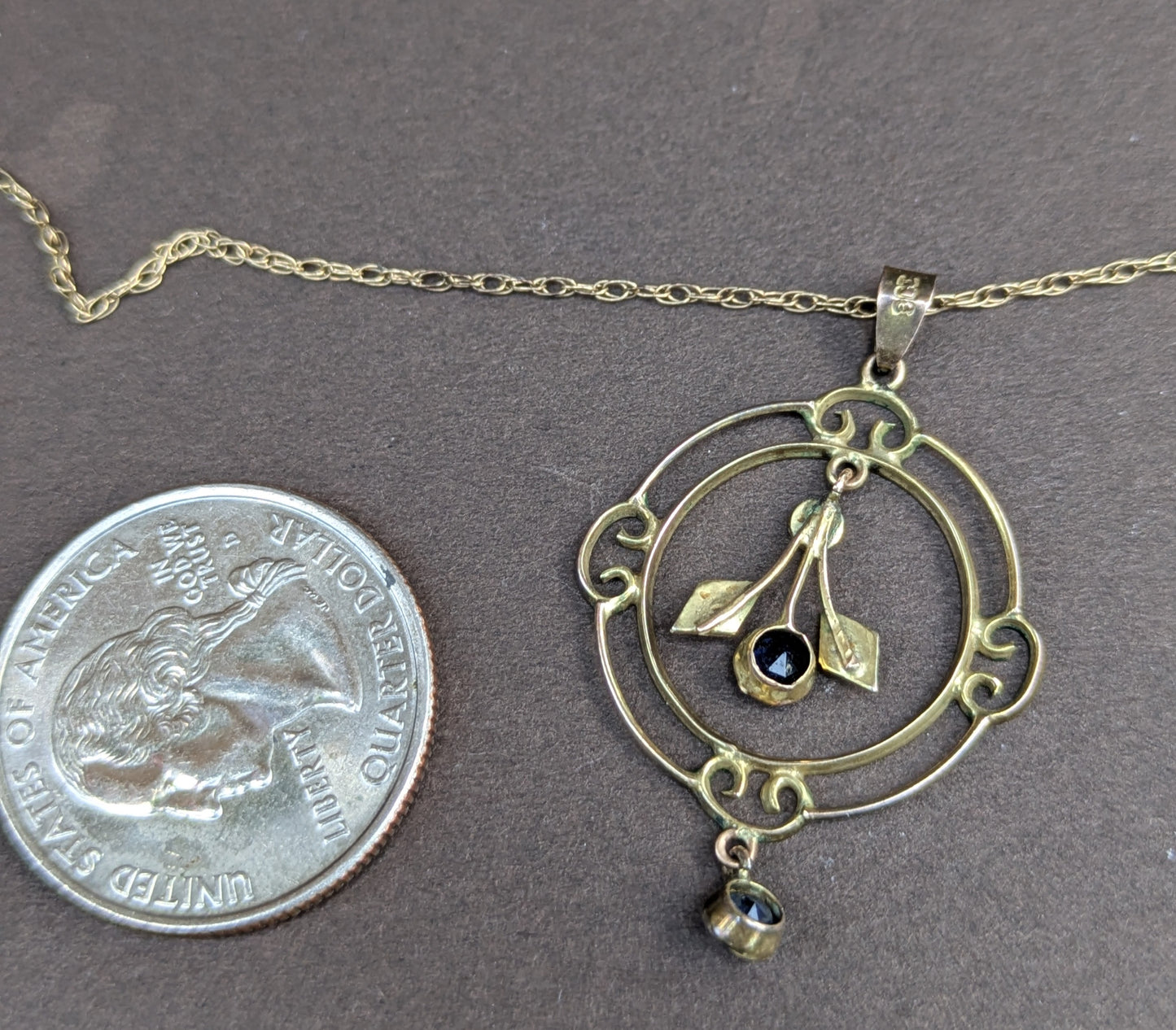9kt interwar Years Lavalier with Pearl & Blue Stones