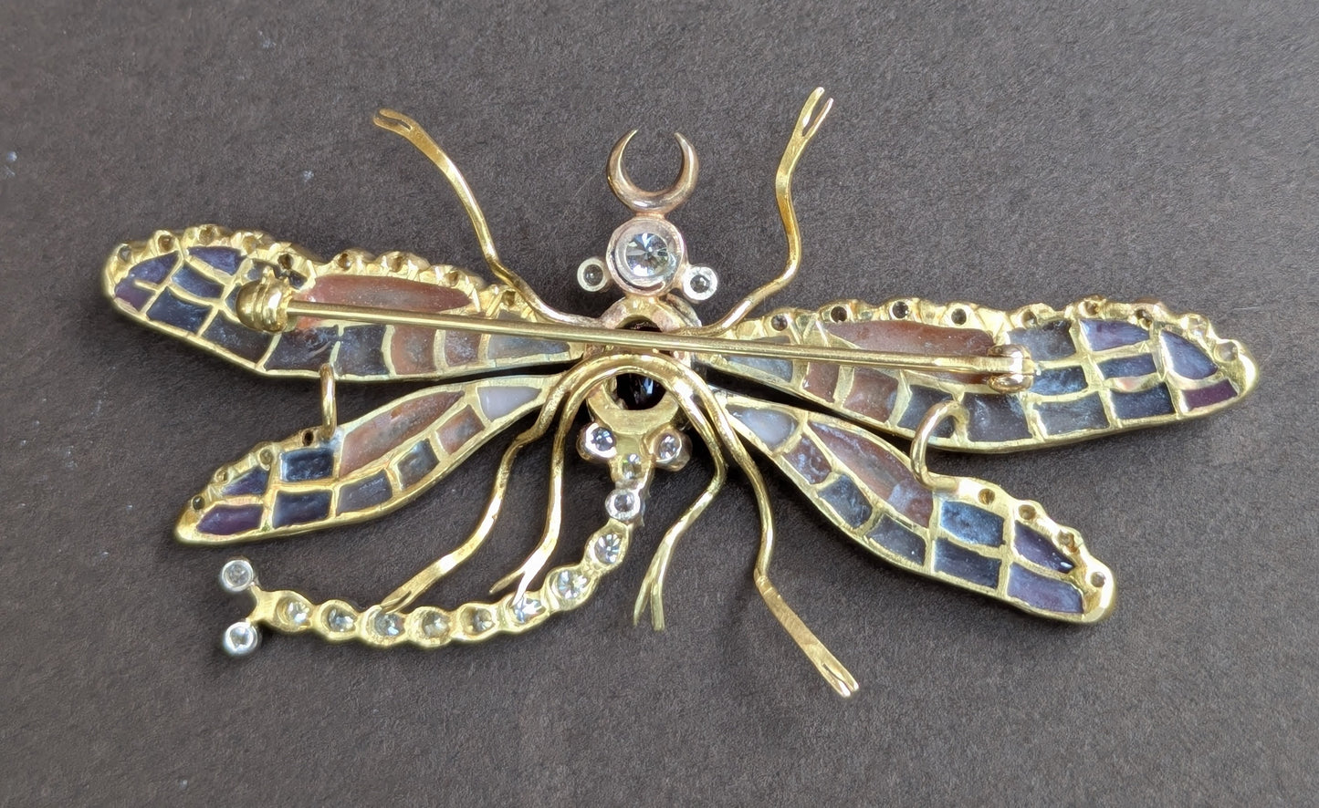 18kt "Plique a Jour" Dragon FLy Brooch with Diamonds & Ruby Cabacon
