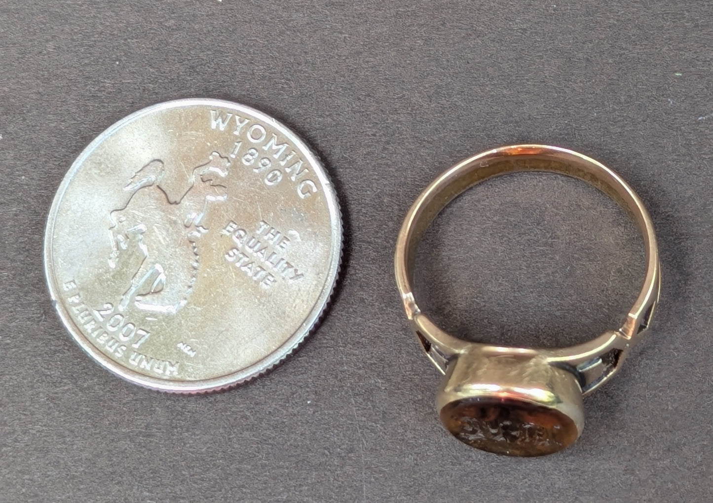 Arts & Crafts 12kt Signet Ring Set with Worn Engraved Citrine "H" "D"