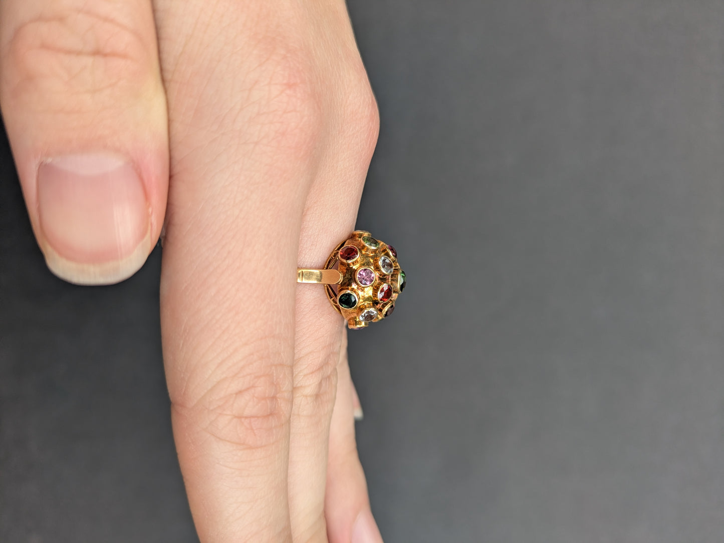 18k Gemstone Sputnik Ring with Tourmaline, Citrine, Peridot, and Topaz