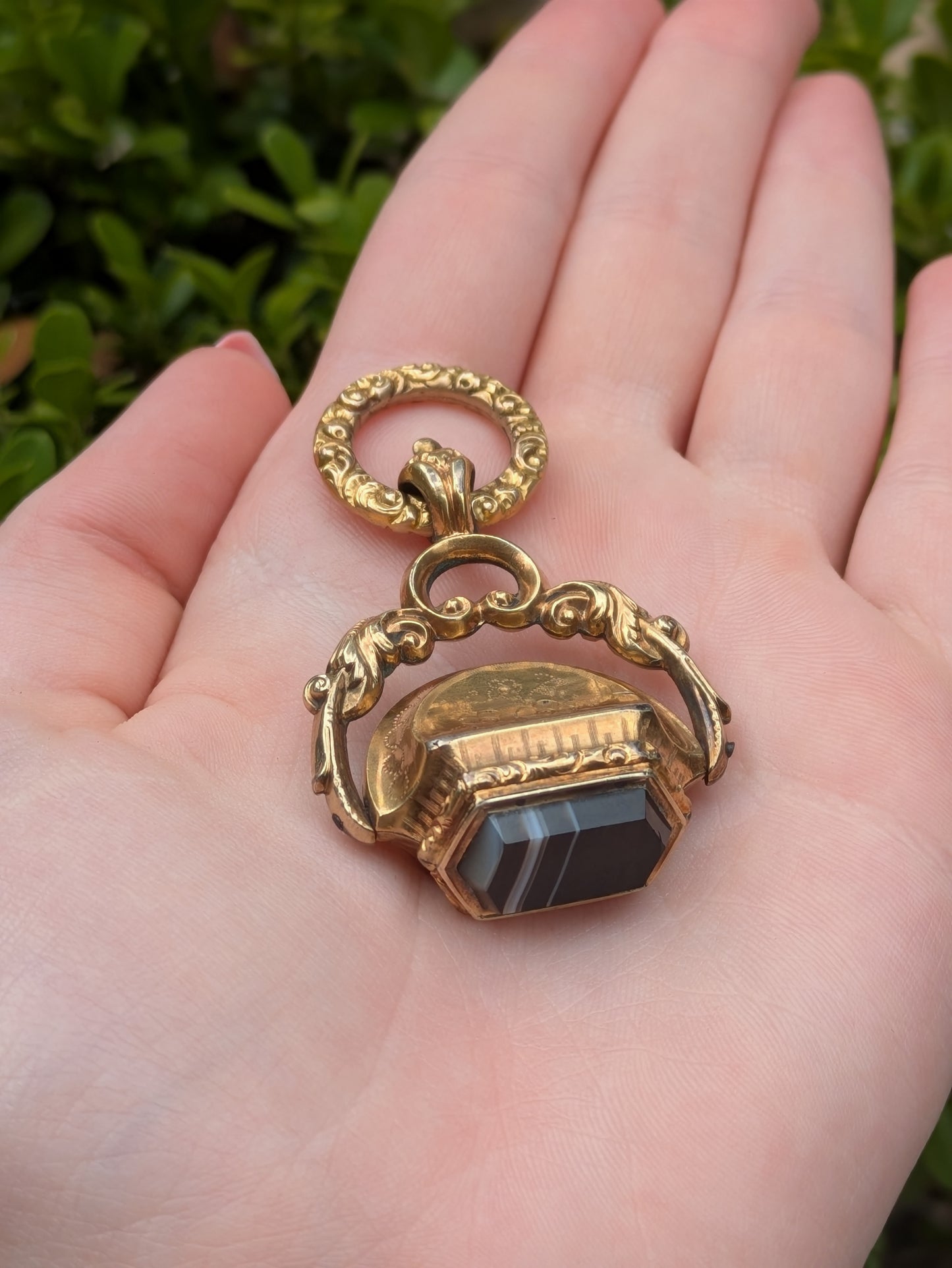 Antique 14kt Banded Agate Spinner Fob with Repousse Details