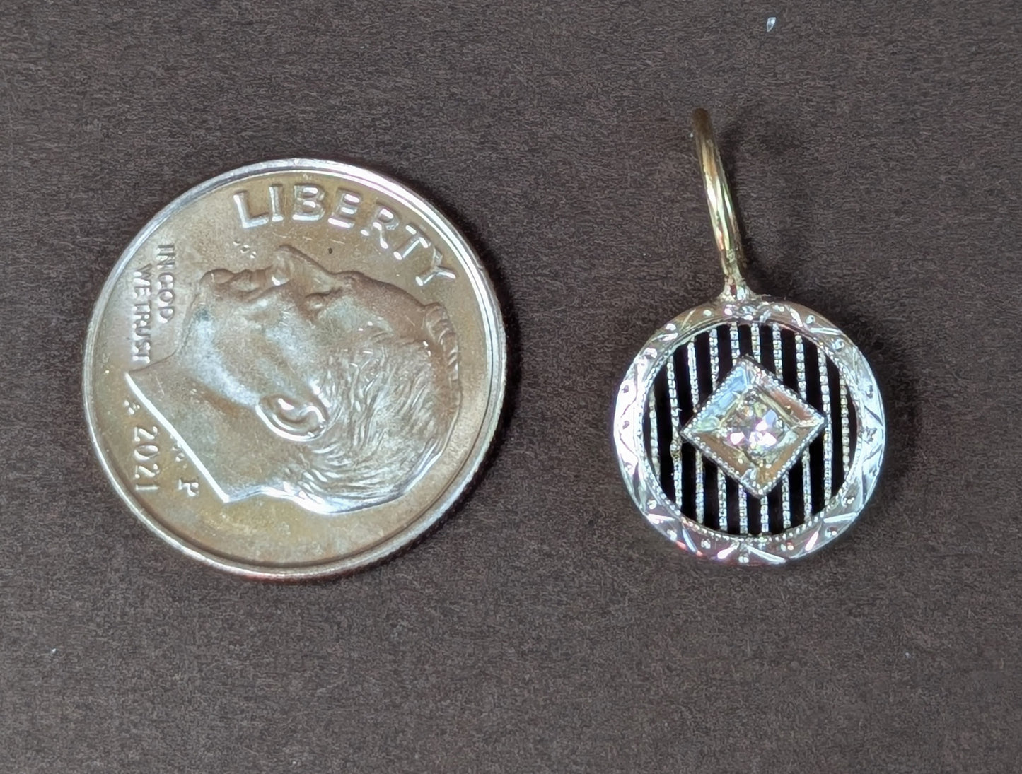 14kt White Gold Filigree Charm with Mine Cut Diamond
