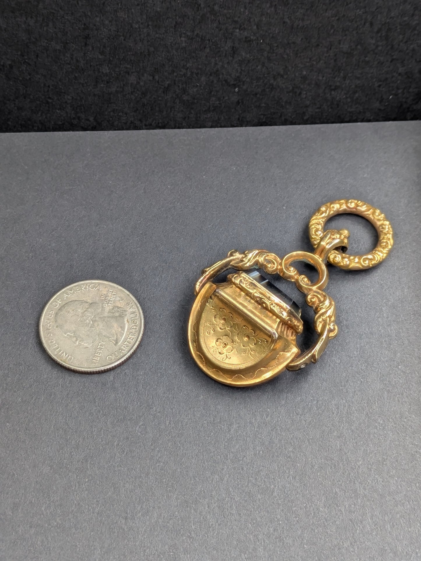Antique 14kt Banded Agate Spinner Fob with Repousse Details