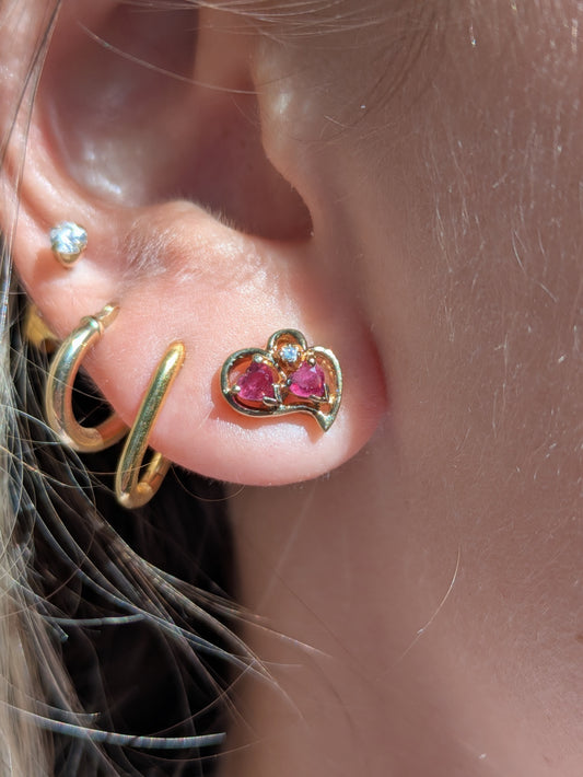 Small 14k Ruby and Diamond Heart Stud Earrings