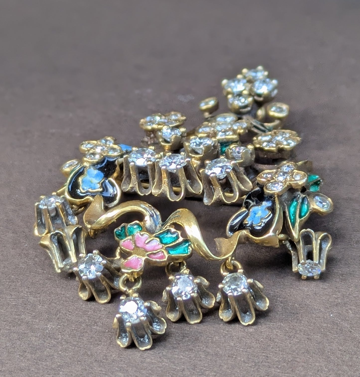 Large 14kt Brooch/Pendant with Mine Cut Diamonds & Pastel Enamel