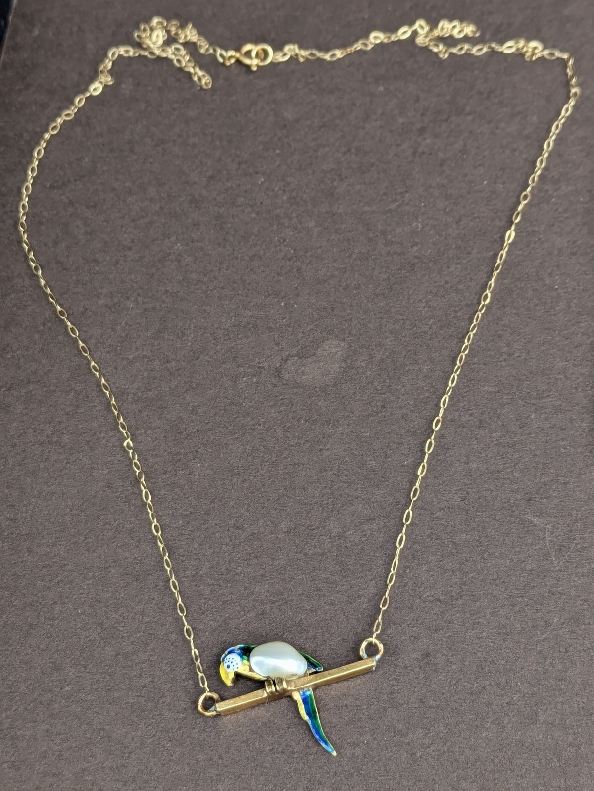 14kt Enamel & Pearl Parrot on Perch Necklace