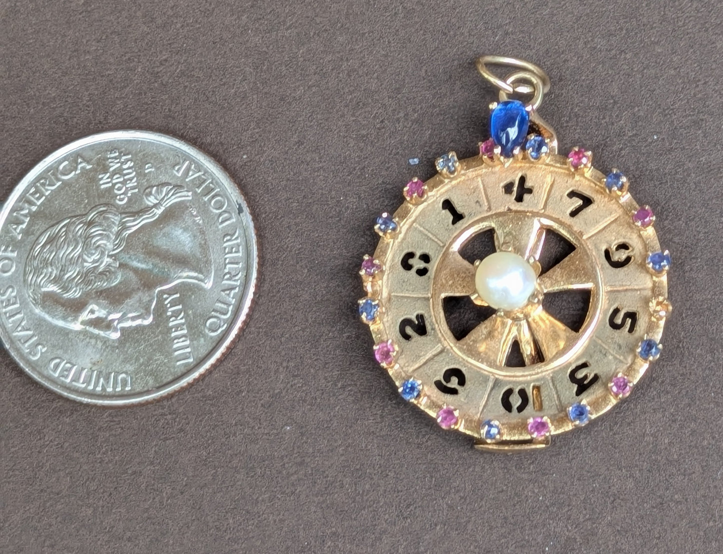14k Vintage Roulette Wheel Pendant with Pearl Sapphire and Ruby