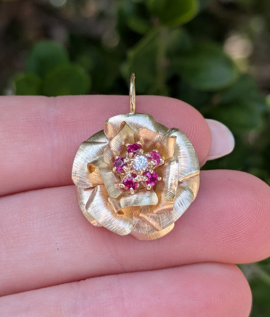 14kt Rose with Ruby & Diamond Center