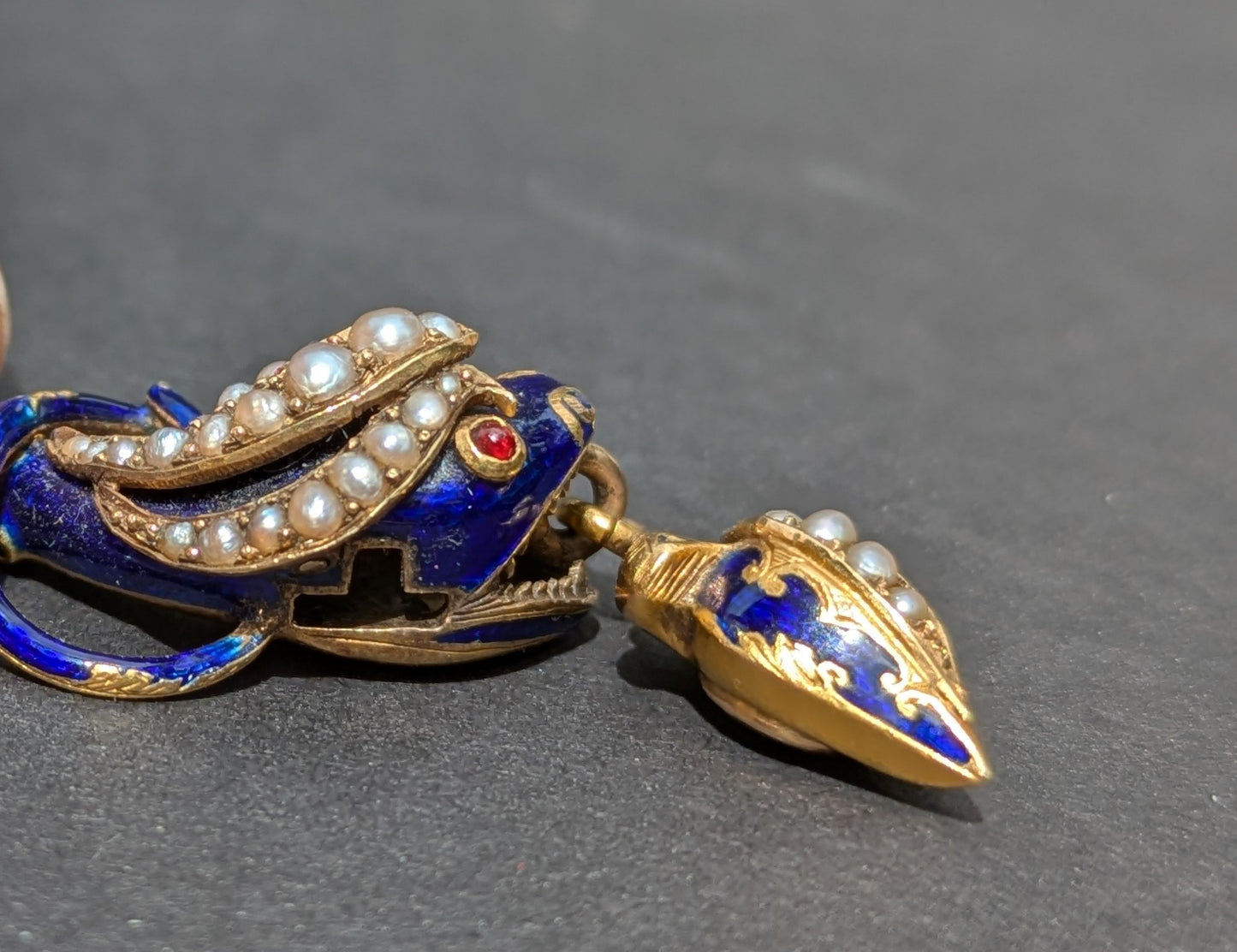 Late 1800's 14k Snake Necklace with Blue and White Enamel, Ruby Eyes, and Oringial Pearl Drop