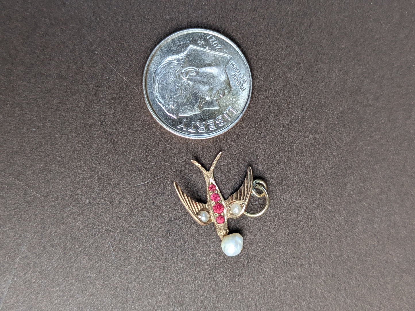 14kt Swallow Charm With Ruby And Pearl