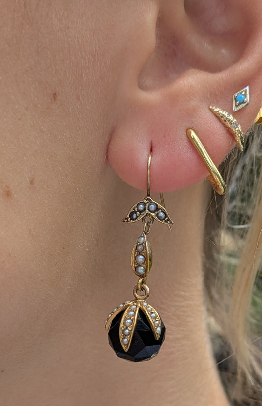 14k Jet and Seed Pearl Dangle Earrings
