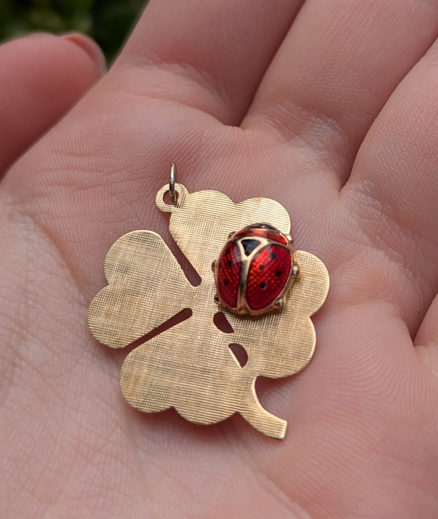 14kt 1960's Shamrock Charm with Enamel Ladybug added