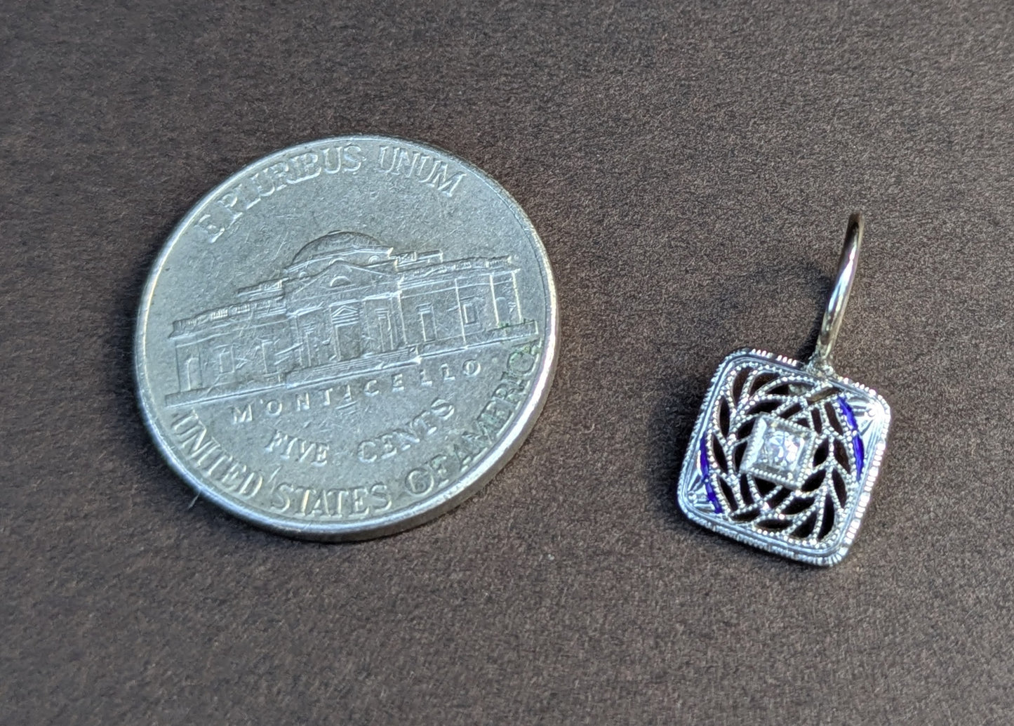 14kt White Gold Filigree Charm with Diamond & Sapphire