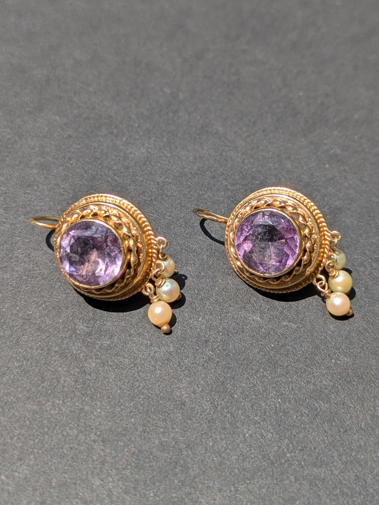 14kt Amethyst Earrings with Pearl Dangles