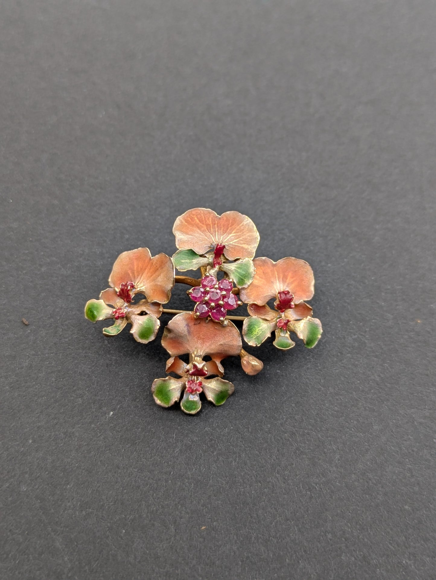 10k Enamel and Ruby Floral Brooch
