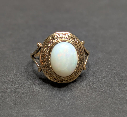 14k Cabochon Opal Ring with Hand Engraving