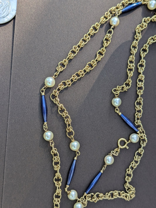 PEARL & BLUE ENAMEL RONDELLE ENGLISH NECKLACE