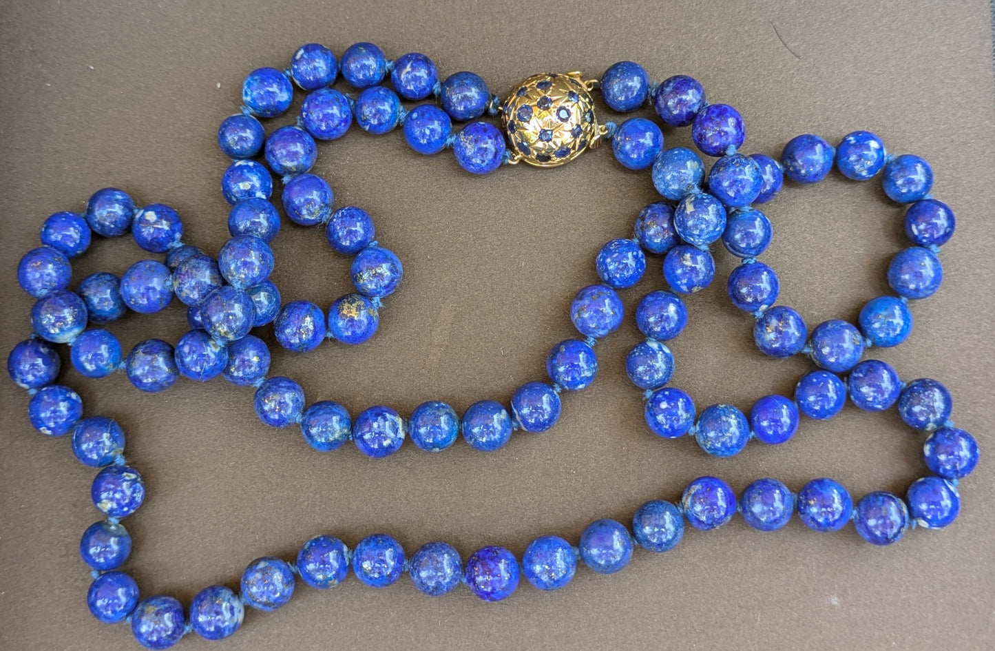 Double Strand Lapis Necklace with Sapphire, Domb Clasp- Double Safety, Restrung