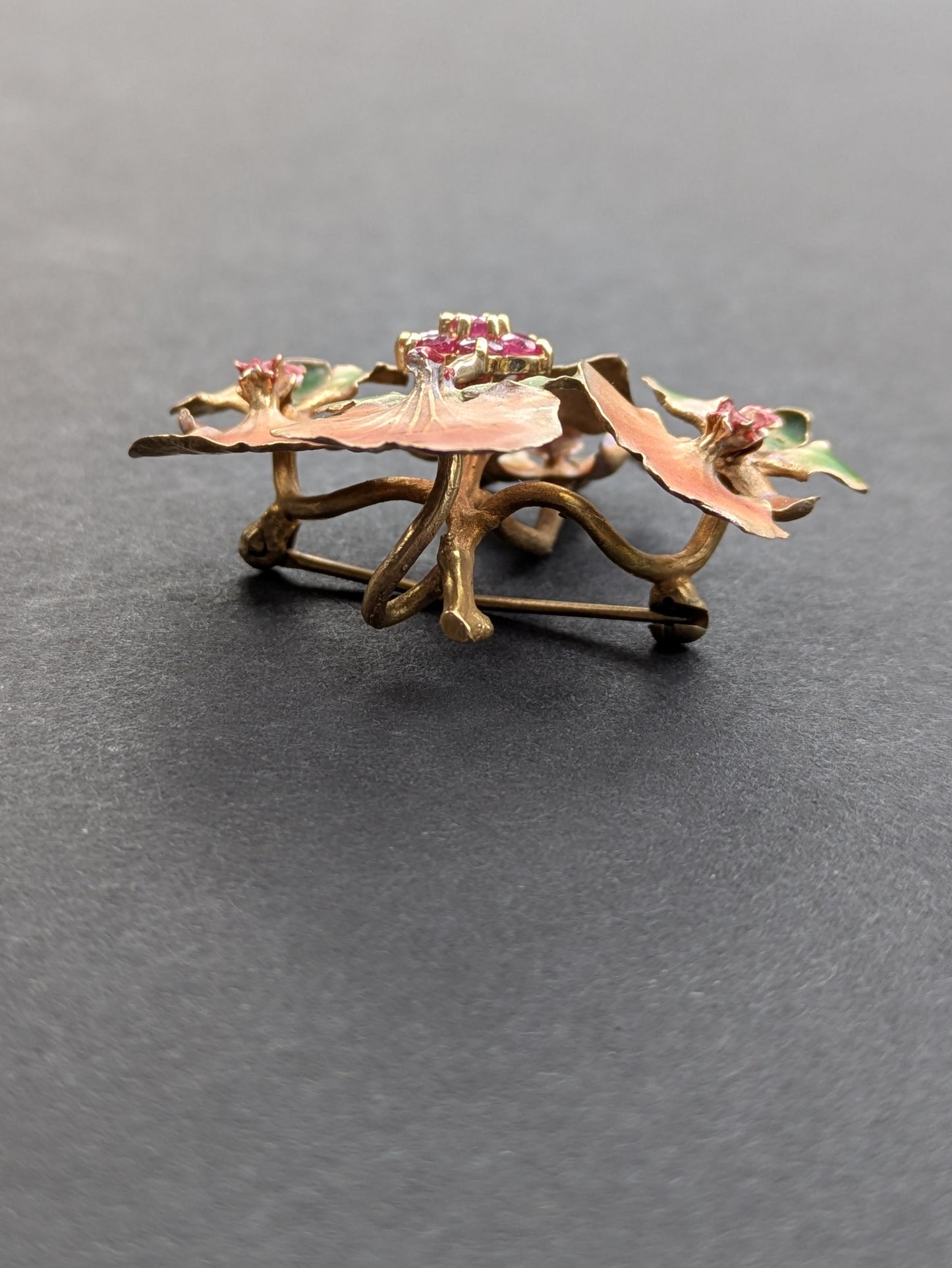 10k Enamel and Ruby Floral Brooch