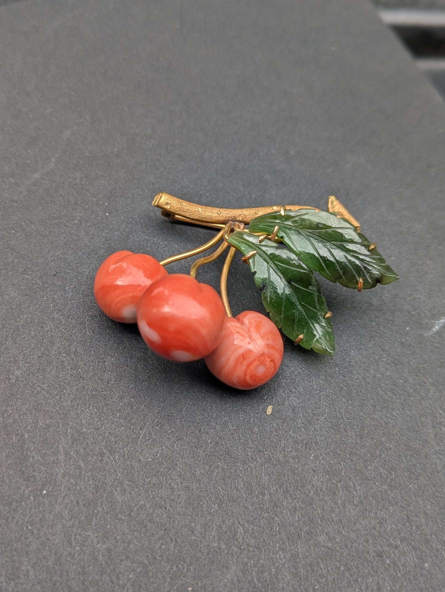 18kt Jade and Coral Cherry Brooch