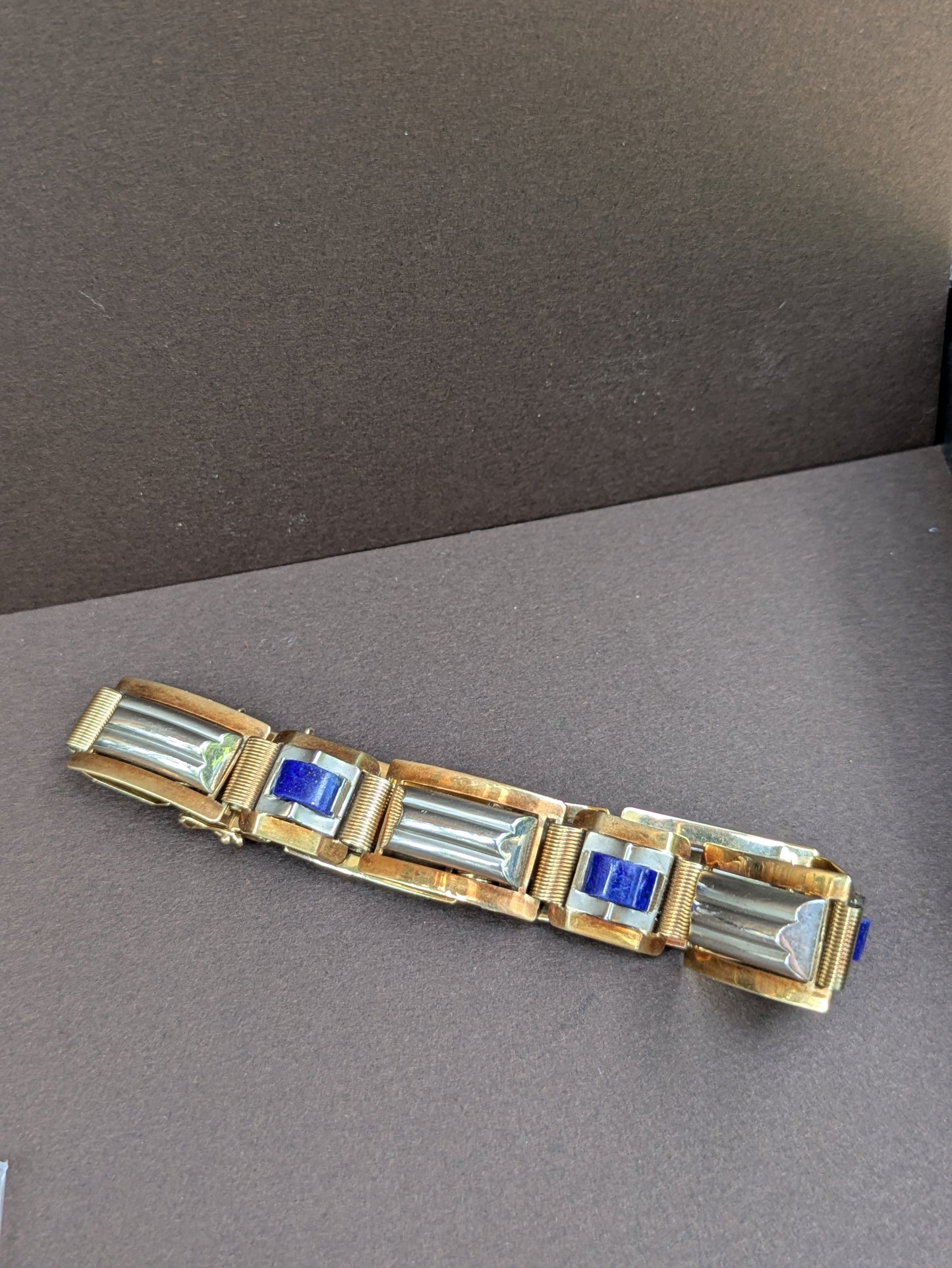 14kt Two-Tone Arts and Craft Era Lapis Bracelet