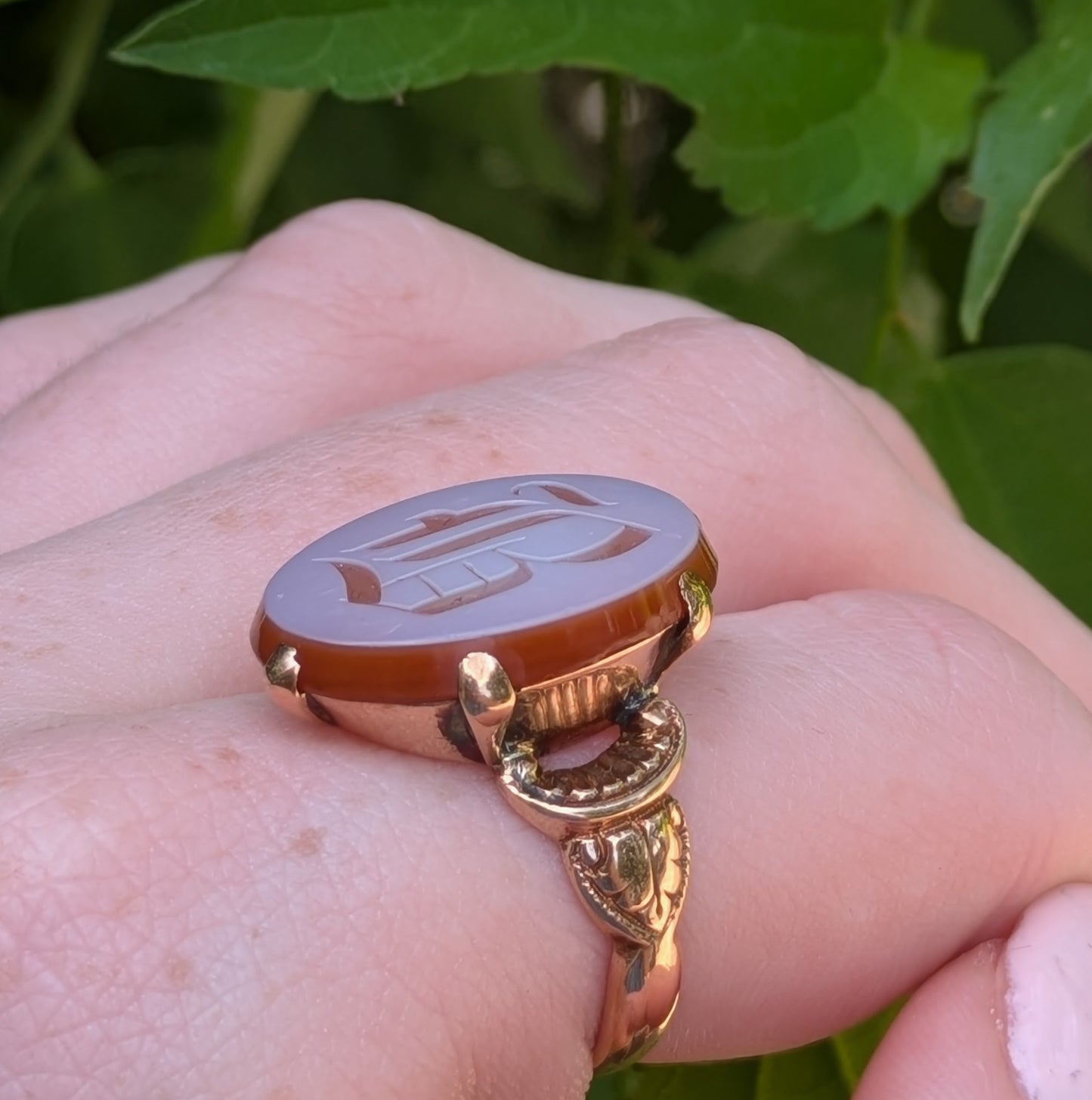 10kt Victorian Signet Ring with Carved Carnelian "B"