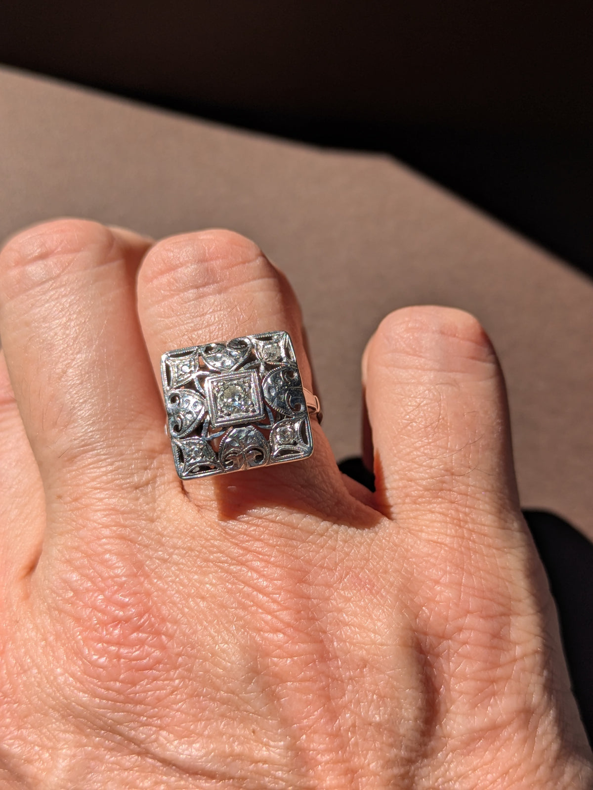 DIAMOND CENTERED FILGREE POSTAGE STAMP RING IN 14K WHITE GOLD