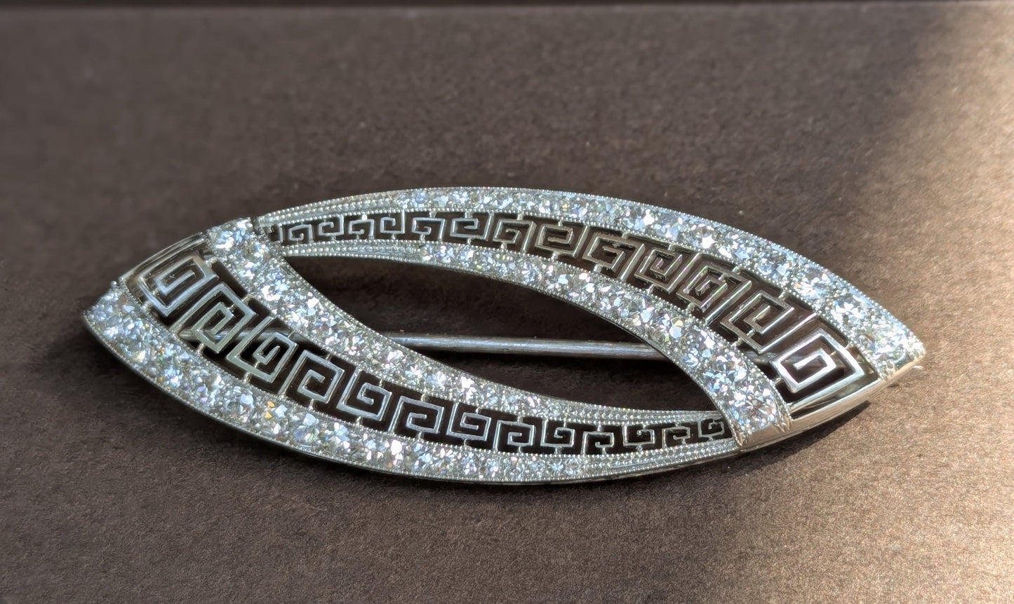 Art Deco Platinum Diamond Brooch Greek Key Pattern & Graduated OEC Diamonds