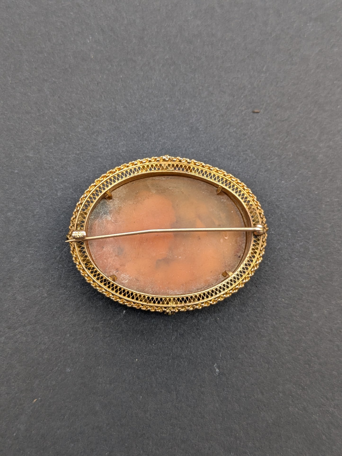 Elaborate Oval Shell Cameo Brooch in 10k Frame