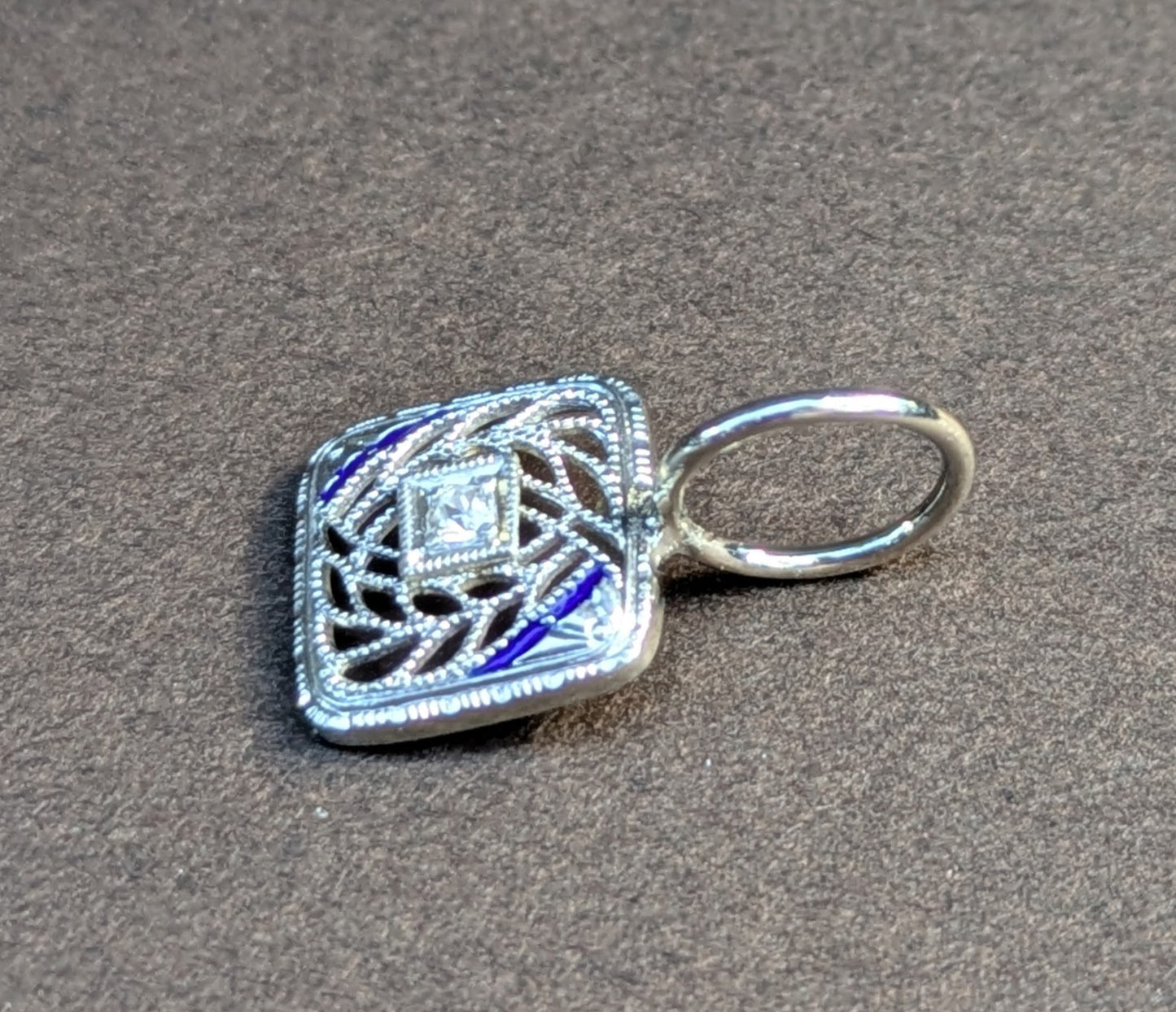 14kt White Gold Filigree Charm with Diamond & Sapphire