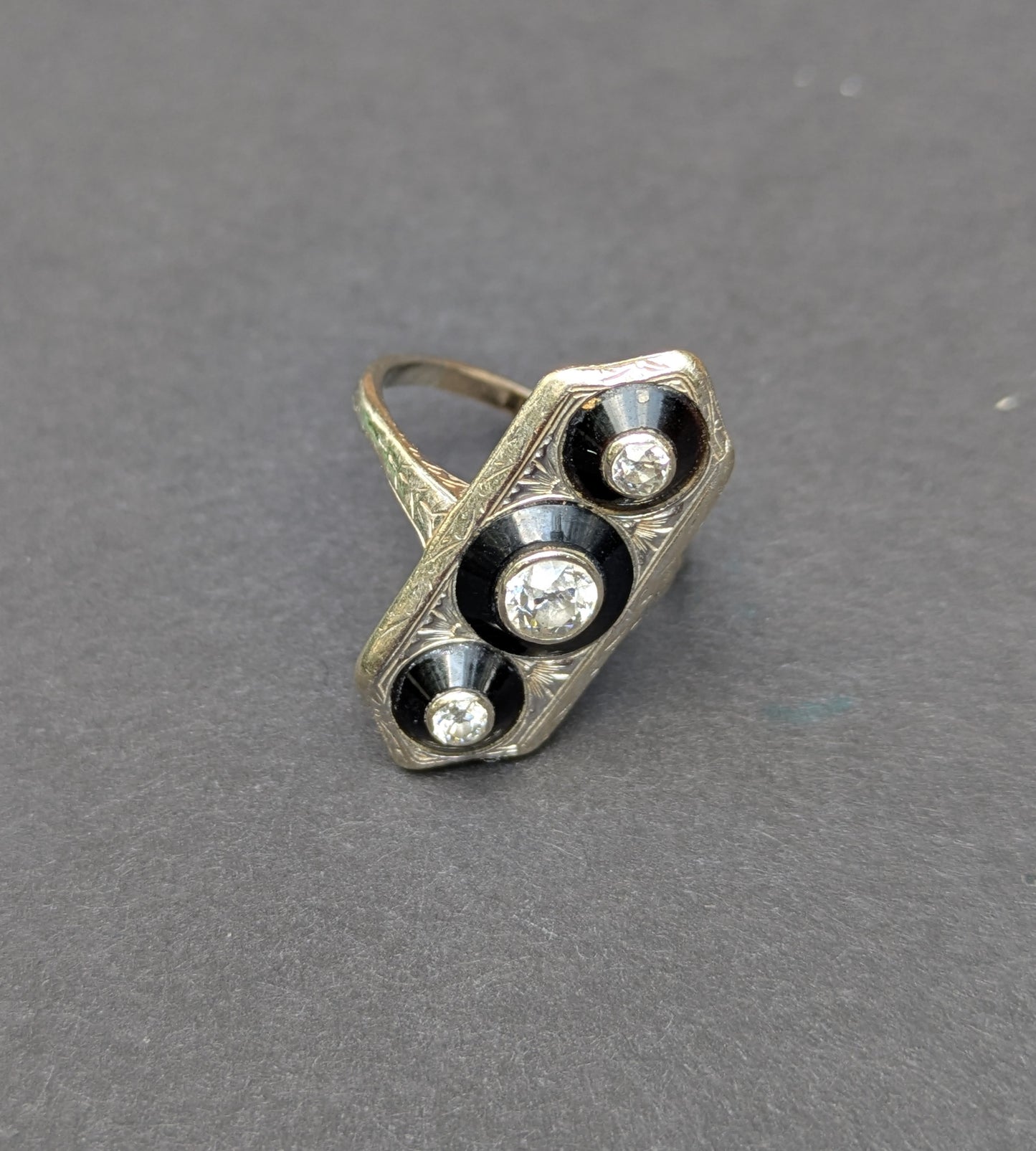 14kt White Gold Art Deco Bridge Ring with Onyx and OEC Diamonds