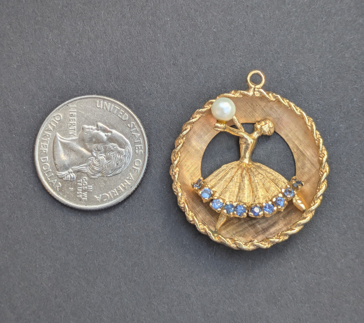 1960's 14kt Ballarina with Sapphire & Pearl Disk Pendant