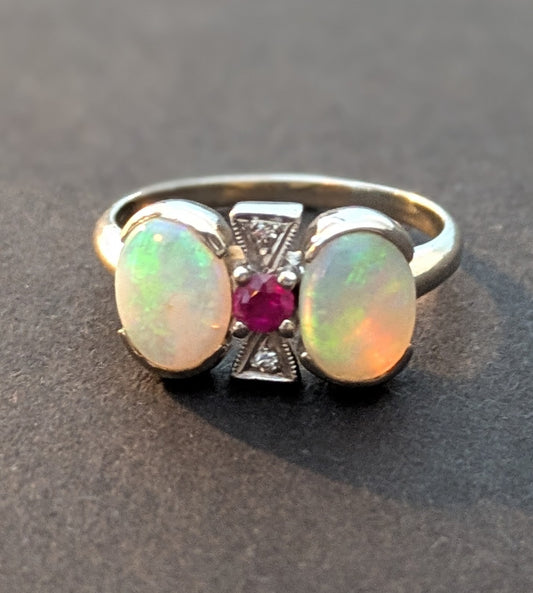 10kt Art Deco Opal, Ruby, Diamond Ring