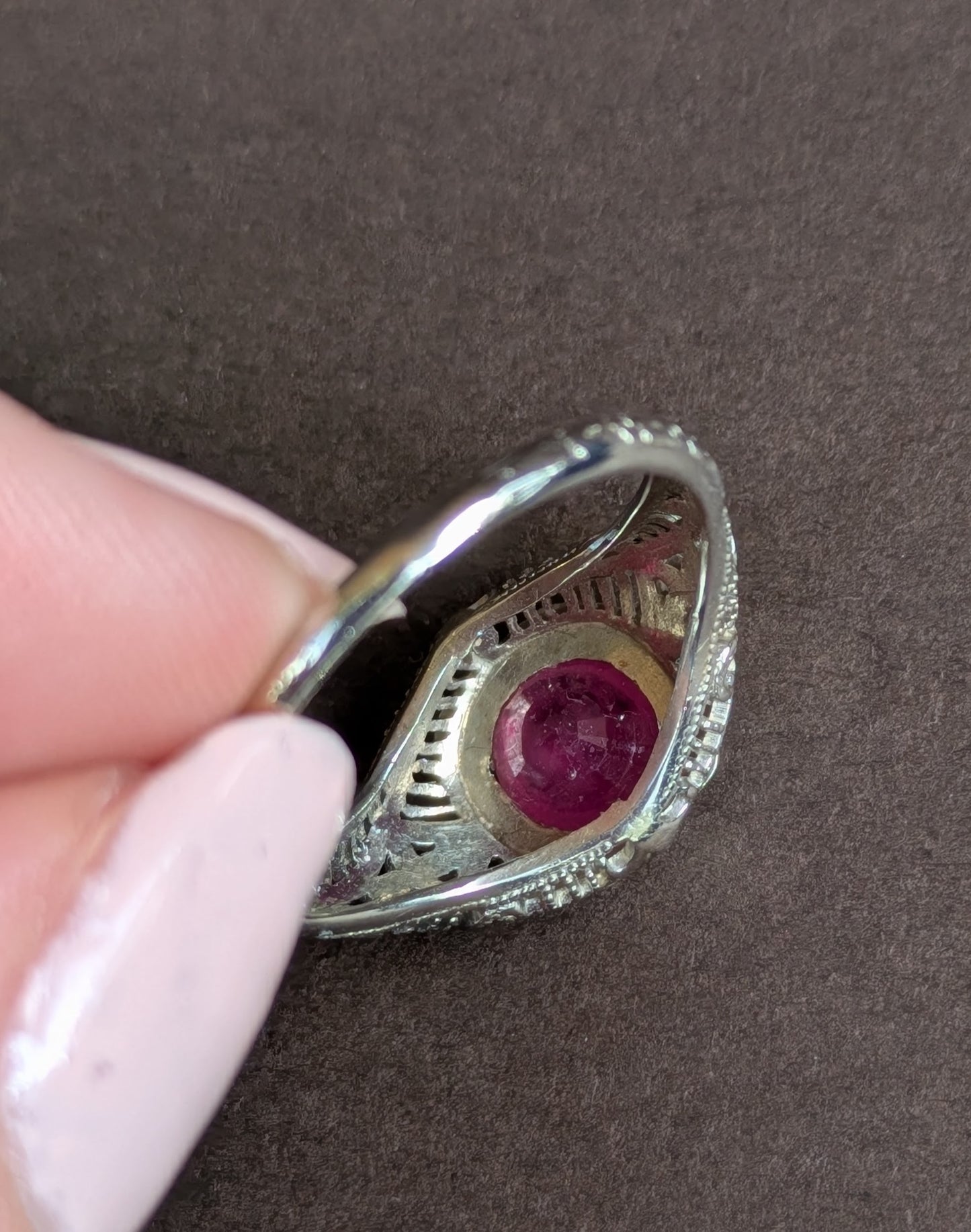 18k White Gold Filigree Ring with Ruby