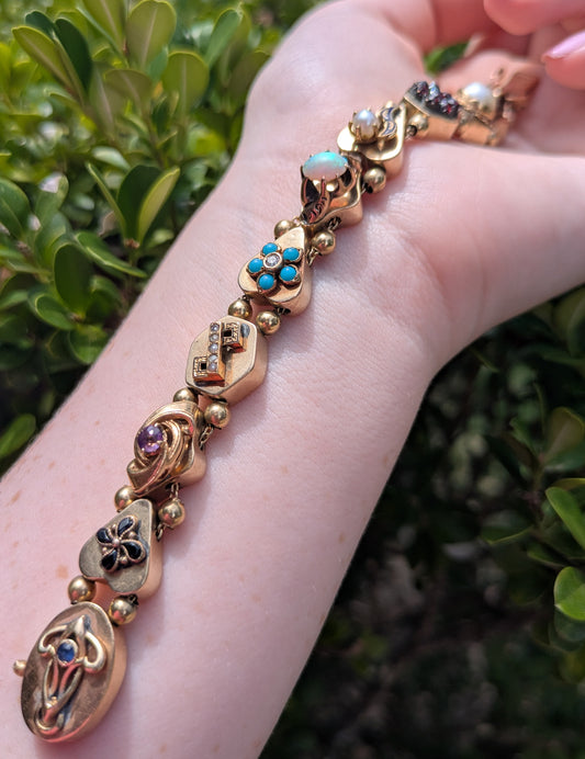 14kt Slide Bracelet Turquoise, Diamond (OEC), Pearl, Garnet, Opal, Amethyst, Enamel